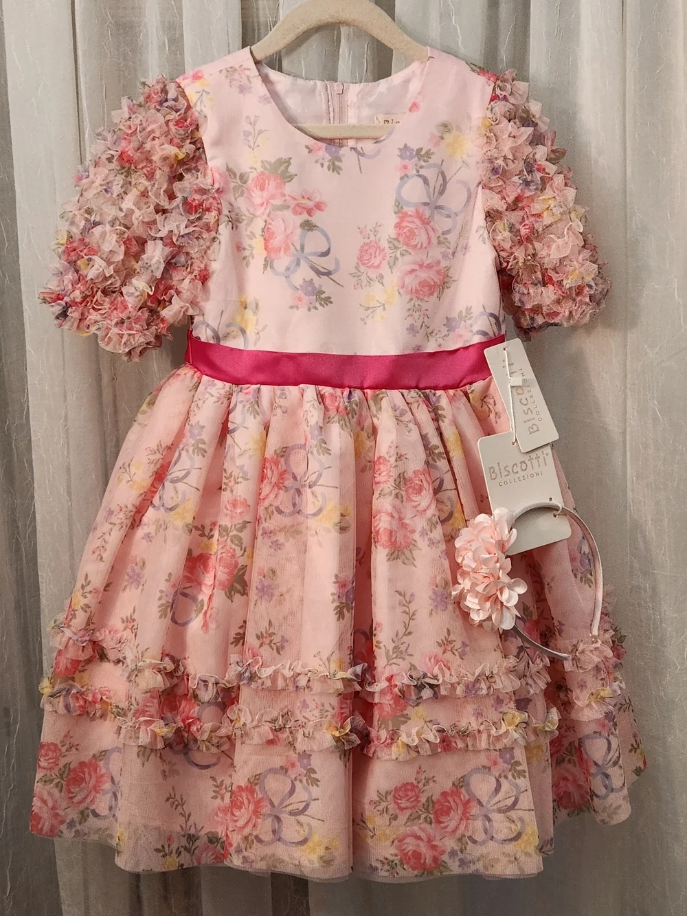 Biscotti Pink Floral Ruffle Party Dress w/ Headband, Size 7, NWT